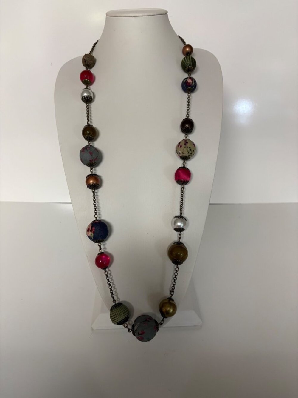 Multicolor Fabric Acrylic Beaded Necklace Metal Accents Long Chain Cottagecore